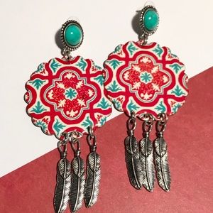 Western Turquoise/Coral Fringe Feather Earrings